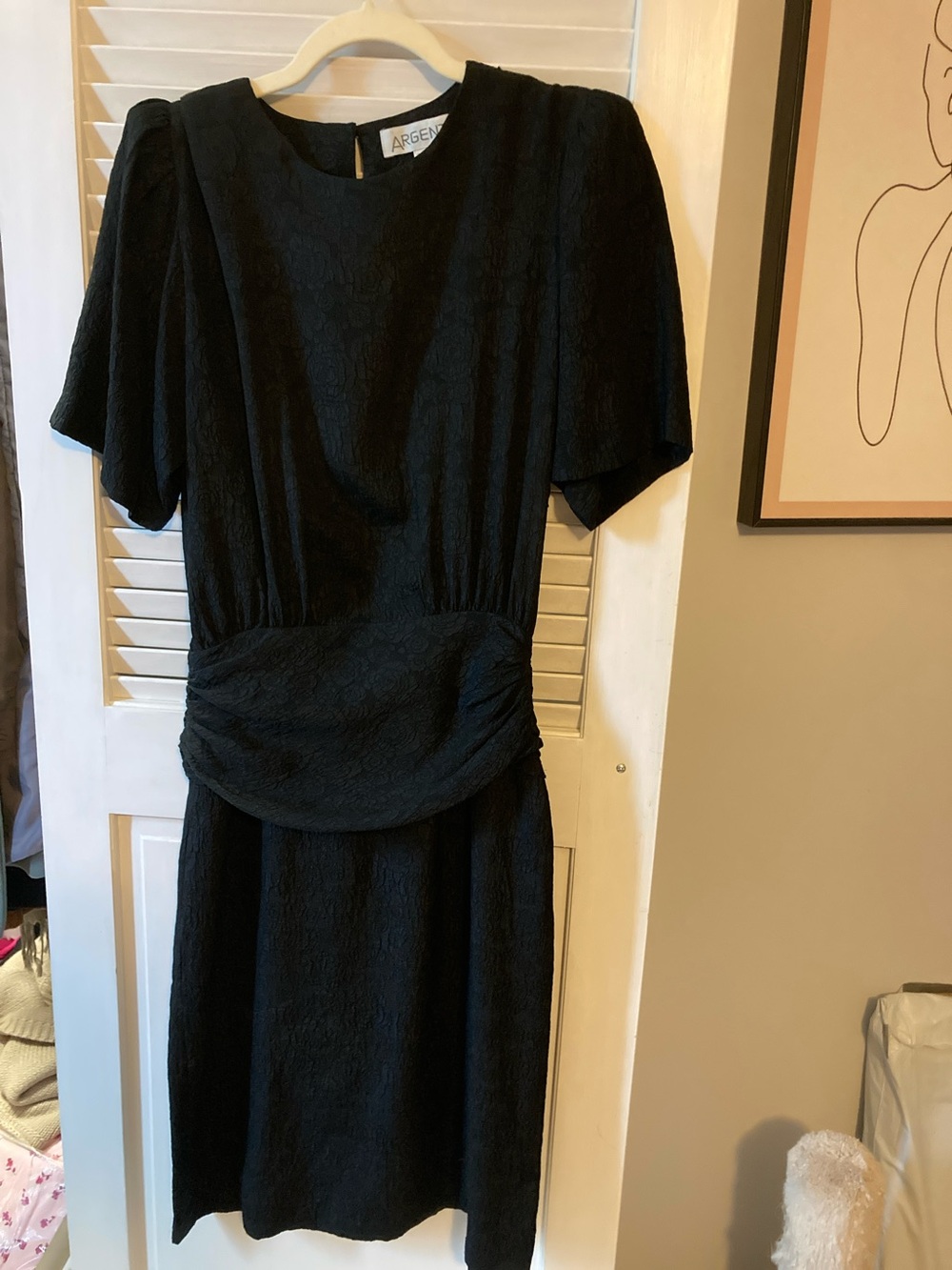 Vintage Argenti Black Textured Midi Dress with Draped Waist